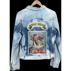 Large Distressed Denim Jacket Sacred Heart Folk Art Boho